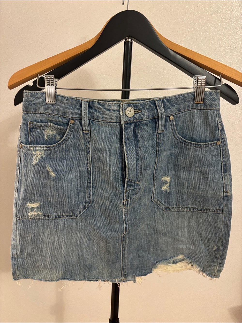 Distressed Light Blue Denim Mini Skirt